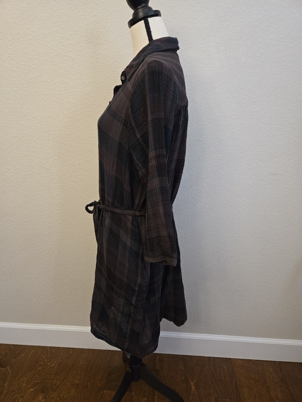 Michael Stars Cotton Polly Ballon Sleeve Shirt Dress Sz XL Plaid Tie At Waist - Picture 7 of 11